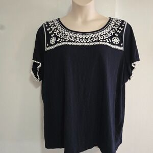 Talbots Plus Size 3X Navy Blue Viscose Blend Tunic Top w/ Embroidered Neckline